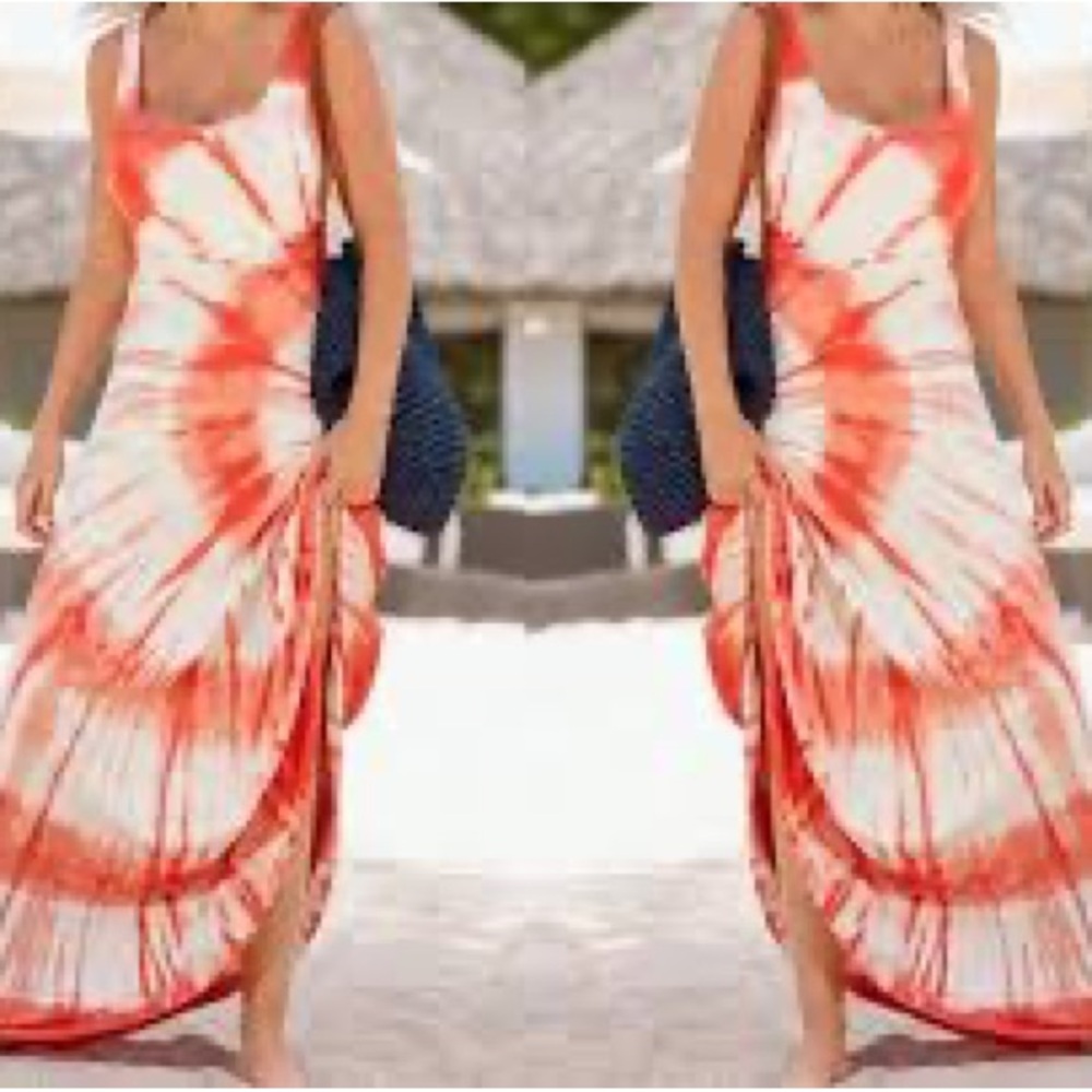 NWOT | Boston Proper | Tie-Dye Maxi Dress Ruched Waist | Orange Cream | L